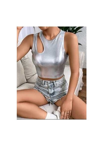 Kadın Asimetrik Omuz Detay Crop Top Bluz