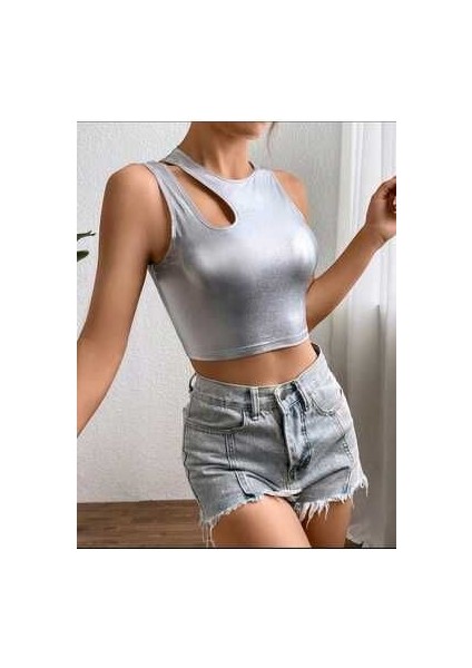 Kadın Asimetrik Omuz Detay Crop Top Bluz