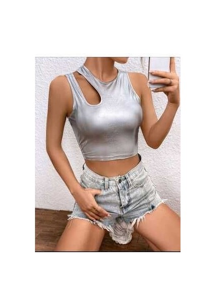 Kadın Asimetrik Omuz Detay Crop Top Bluz