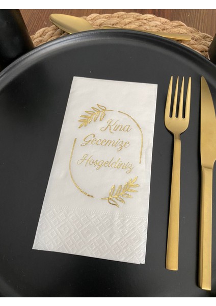 Gold Yaldızlı Beyaz Çerçeveli Kına Gecemize Hoşgeldiniz Peçete 16 Adet