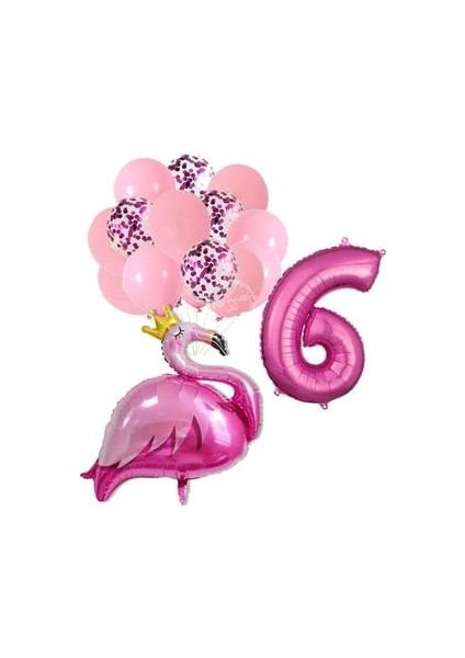 Flamingo Tema Fuşya Rakam Balon Fuşya Pullu Şeffaf Balon Buketi