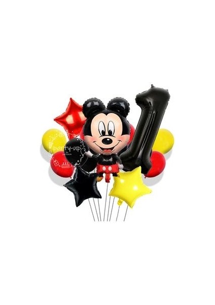 1 Yaş Siyah Rakam Balonlu Mickey Mouse Balon Seti Mini Fare Temalı 17'li Set