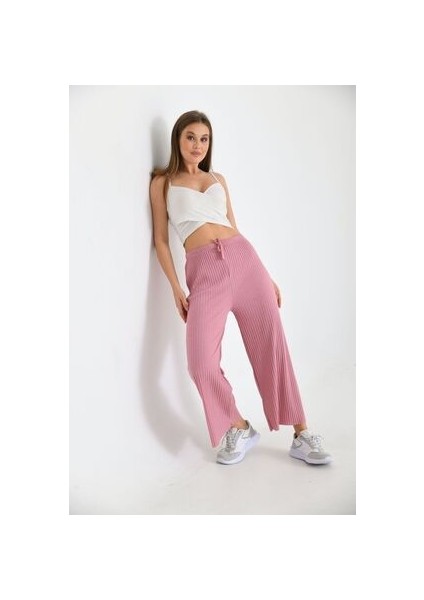 Kadın Ribana Kumaş Fitilli Pantolon Pembe