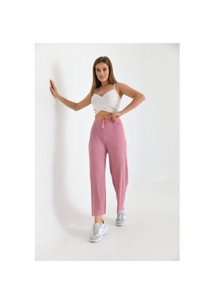 Kadın Ribana Kumaş Fitilli Pantolon Pembe fiyatları