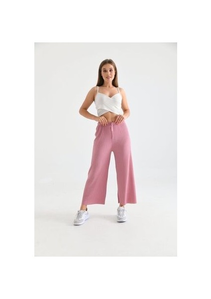 Kadın Ribana Kumaş Fitilli Pantolon Pembe modelleri