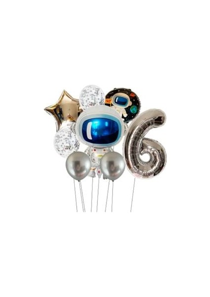 8'li Uzay Temalı Astronot Folyo Balon Seti 6 Yaş Gümüş Rakamlı Şeffaf Pullu ve Krom Balonlu