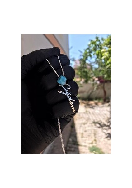 Dikey Imza Isimli Turkuaz Taşlı Gümüş Avşar Kolyesi