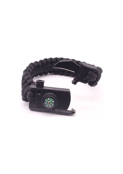 Bıçaklı Paracord Paraşüt Ipi Bileklik - Ateş Başlatıcı- Düdük - Pusula (Siyah)