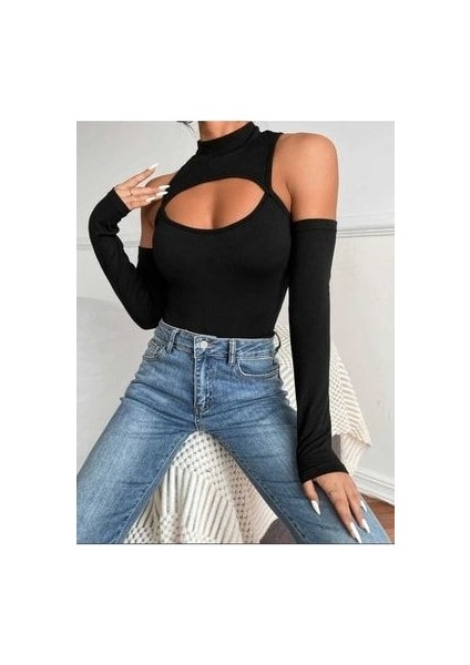 Kadın Balıkçı Cutout Omuz Detay Göğüs Dekolteli Uzun Kollu Bluz