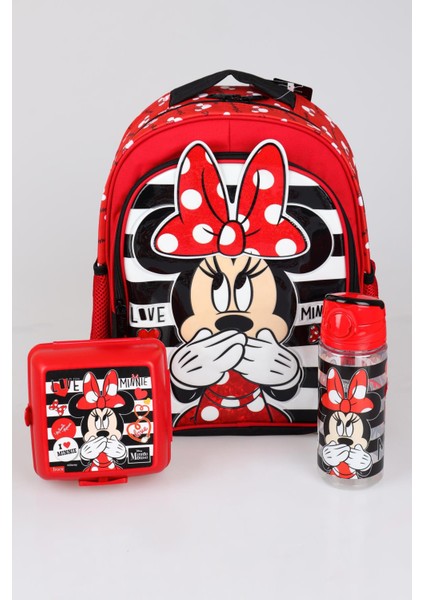 Yeni Sezon Lisanslı Mınnıe Mouse Okul Çantası beslenme Kabı ve Matara 500 ml Okul Seti