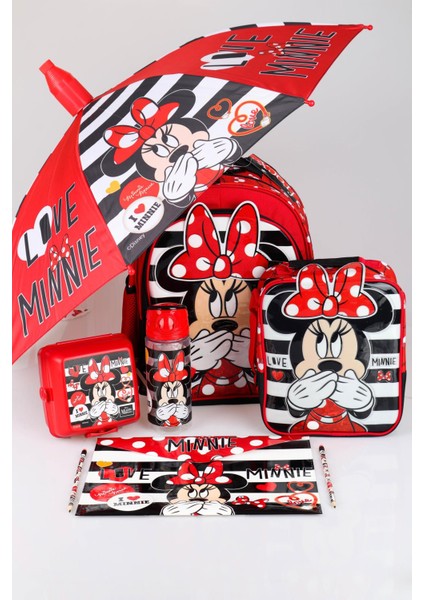 Yeni Sezon Lisanslı Mınnıe Mouse Okul beslenme Çantası Ile Beslenme Kabı matara 500 Ml şemsiye ve Kırtasiye Okul Seti
