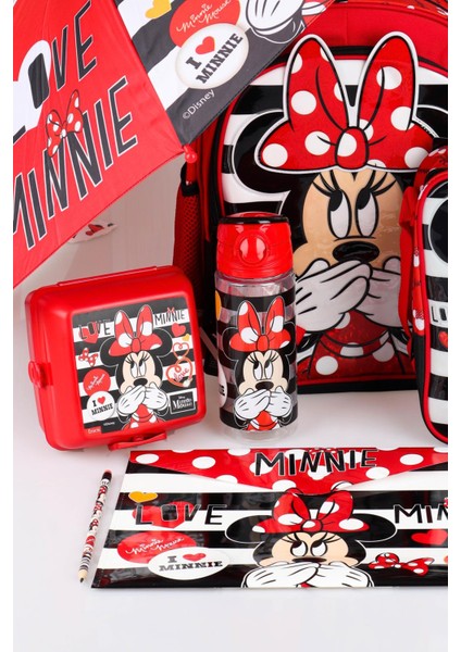 Yeni Sezon Lisanslı Mınnıe Mouse Okul beslenme Çantası Ile Beslenme Kabı matara 500 Ml şemsiye ve Kırtasiye Okul Seti fiyatları