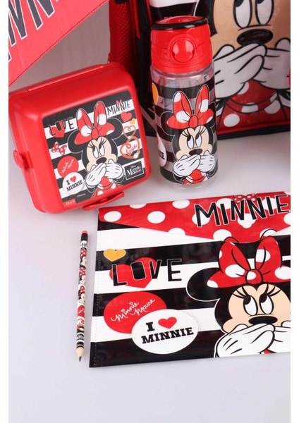 Yeni Sezon Lisanslı Mınnıe Mouse Okul beslenme Çantası Ile Beslenme Kabı matara 500 Ml şemsiye ve Kırtasiye Okul Seti fırsatları