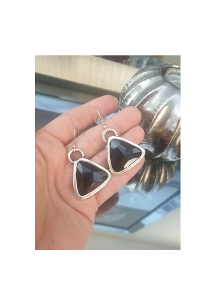 Üçgen Küpe Antik Gümüş Kristal Taşlı Vintage