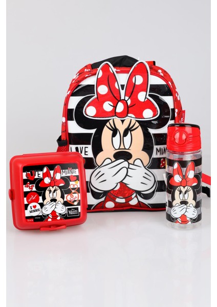 Yeni Sezon Lisanslı Mınnıe Mouse Anaokul Çantası beslenme Kabı ve Trıtan Matara 500 ml Okul Seti