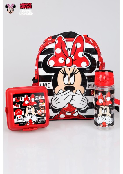 Yeni Sezon Lisanslı Mınnıe Mouse Anaokul Çantası beslenme Kabı ve Trıtan Matara 500 ml Okul Seti