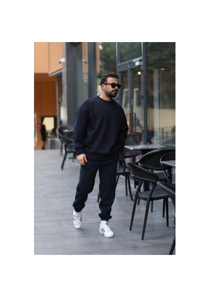Erkek Lacivert 3 Iplik Oversize Bisiklet Yaka Eşofman Takımı