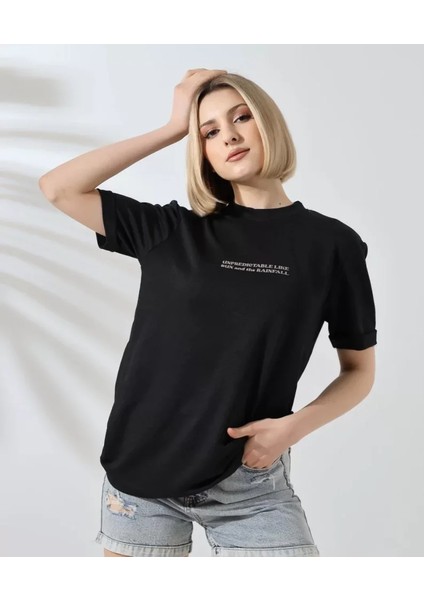 Fd Home Unisex Bisiklet Yaka Baskılı Slim Fit T-Shirt - Siyah