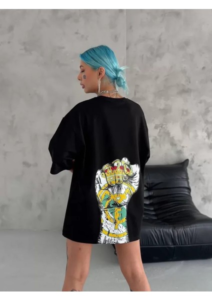 Fd Home Unisex Bisiklet Yaka Baskılı Oversize T-Shirt - Siyah