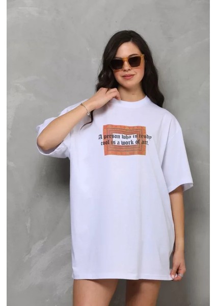 Fd Home Unisex Bisiklet Yaka Baskılı Oversize T-Shirt - Beyaz