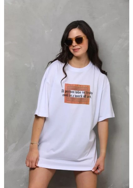 Fd Home Unisex Bisiklet Yaka Baskılı Oversize T-Shirt - Beyaz