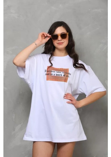 Fd Home Unisex Bisiklet Yaka Baskılı Oversize T-Shirt - Beyaz