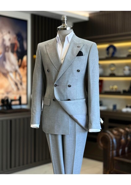 İtalyan stil slim fit erkek kruvaze ceket pantolon takım elbise gri T12623