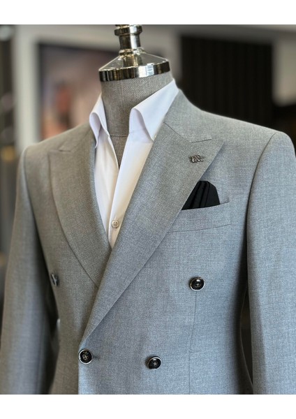 İtalyan stil slim fit erkek kruvaze ceket pantolon takım elbise gri T12623 fiyatları