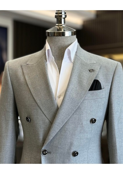 İtalyan stil slim fit erkek kruvaze ceket pantolon takım elbise gri T12623 fırsatları