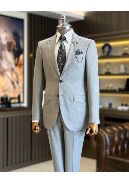 Italyan Stil Slim Fit Erkek Ceket Pantolon Takım Elbise Gri T12716