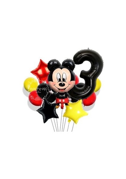 3 Yaş Siyah Rakam Balonlu Mickey Mouse Balon Seti Mini Fare Temalı 17'li Set