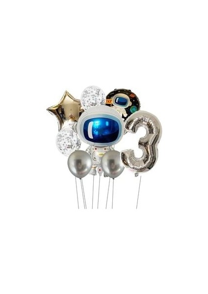 8'li Uzay Temalı Astronot Folyo Balon Seti 3 Yaş Gümüş Rakamlı Şeffaf Pullu ve Krom Balonlu