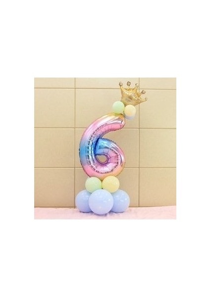 Unicorn Tema Rakam Balon Karşılama Seti 6 Yaş Gökkuşağı Renkleri Altın Taçlı 6 Rakamlı Balon