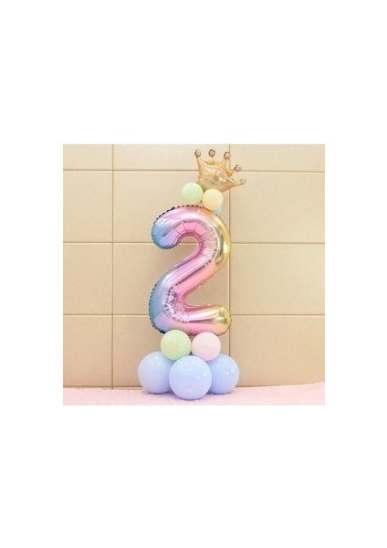 Unicorn Tema Rakam Balon Karşılama Seti 2 Yaş Gökkuşağı Renkleri Altın Taçlı 2 Rakamlı Balon