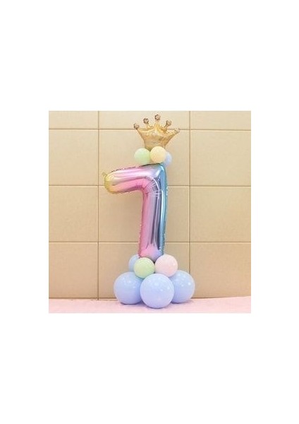 Unicorn Tema Rakam Balon Karşılama Seti 7 Yaş Gökkuşağı Renkleri Altın Taçlı 7 Rakamlı Balon