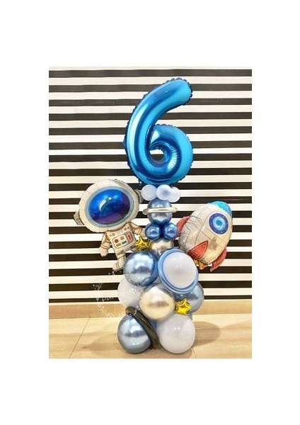 Astronot Roket Uzay Temalı 6 Yaş Mavi Rakamlı Balon Seti