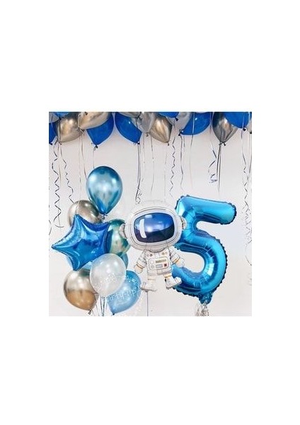 Astronot Roket Uzay Temalı 5 Yaş 100CM Mavi Rakamlı Balon Seti