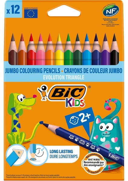 Bic Kids Evolution Üçgen Jumbo Kuru Boya Kalemi 12'li Kutu 2 Yaş ve Üzeri Çocuklar Için