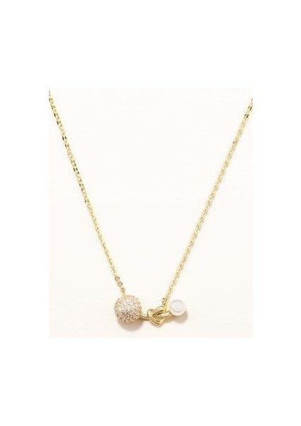 Kadın 18 Ayar Altın Kaplama Gümüş Düğüm Detaylı Incili Kolye Zirkon Taşlı Shine Koleksiyon