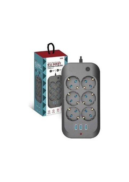 6 Soket 3 USB Şarj Termal Akım Korumalı Priz 2 Metre Kablo Çoklu Priz 6'lı Priz