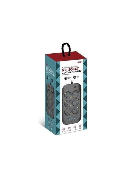 6 Soket 3 USB Şarj Termal Akım Korumalı Priz 2 Metre Kablo Çoklu Priz 6'lı Priz