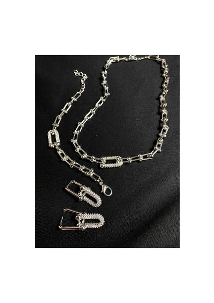 Gümüş Rodyum Tiffany Zincir Zirkon Taşlı Kolye Bileklik Küpe 3lü Takım