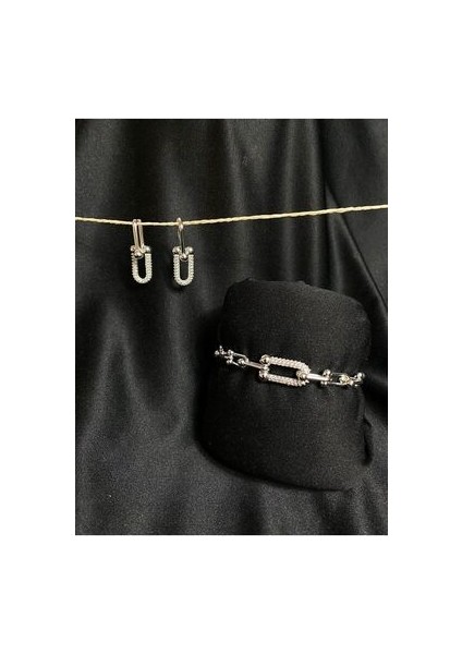 Gümüş Rodyum Tiffany Zincir Zirkon Taşlı Kolye Bileklik Küpe 3lü Takım