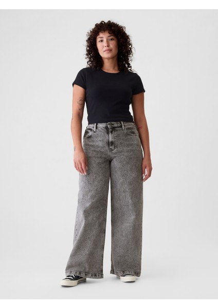 Kadın Siyah High Rise Stride Wide-Leg Jean Pantolon indirimleri