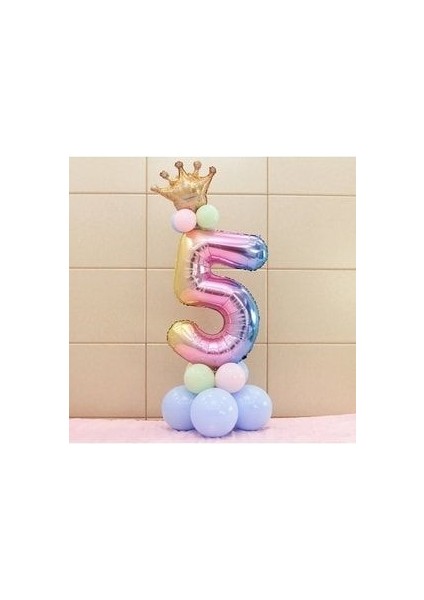 Unicorn Tema Rakam Balon Karşılama Seti 5 Yaş Gökkuşağı Renkleri Altın Taçlı 5 Rakamlı Balon