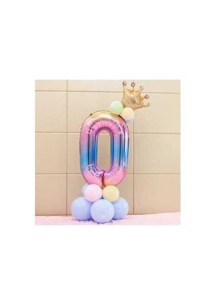 Unicorn Tema Rakam Balon Karşılama Seti 0 Yaş Gökkuşağı Renkleri Altın Taçlı 0 Rakamlı Balon