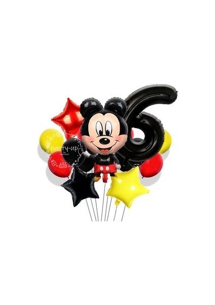 6 Yaş Siyah Rakam Balonlu Mickey Mouse Balon Seti Mini Fare Temalı 17'li Set