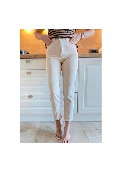 Kadın Yüksek Bel Bej Boyfriend Jeans Likralı Esnek Kot Pantolon 2024