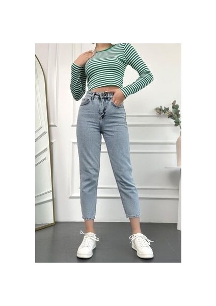 Kadın Mavi Kar Yüksek Bel Basic Mom Fit Kadın Jean Pantolon 2024