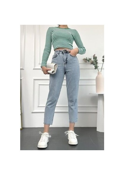 Kadın Mavi Kar Yüksek Bel Basic Mom Fit Kadın Jean Pantolon 2024 fiyatları